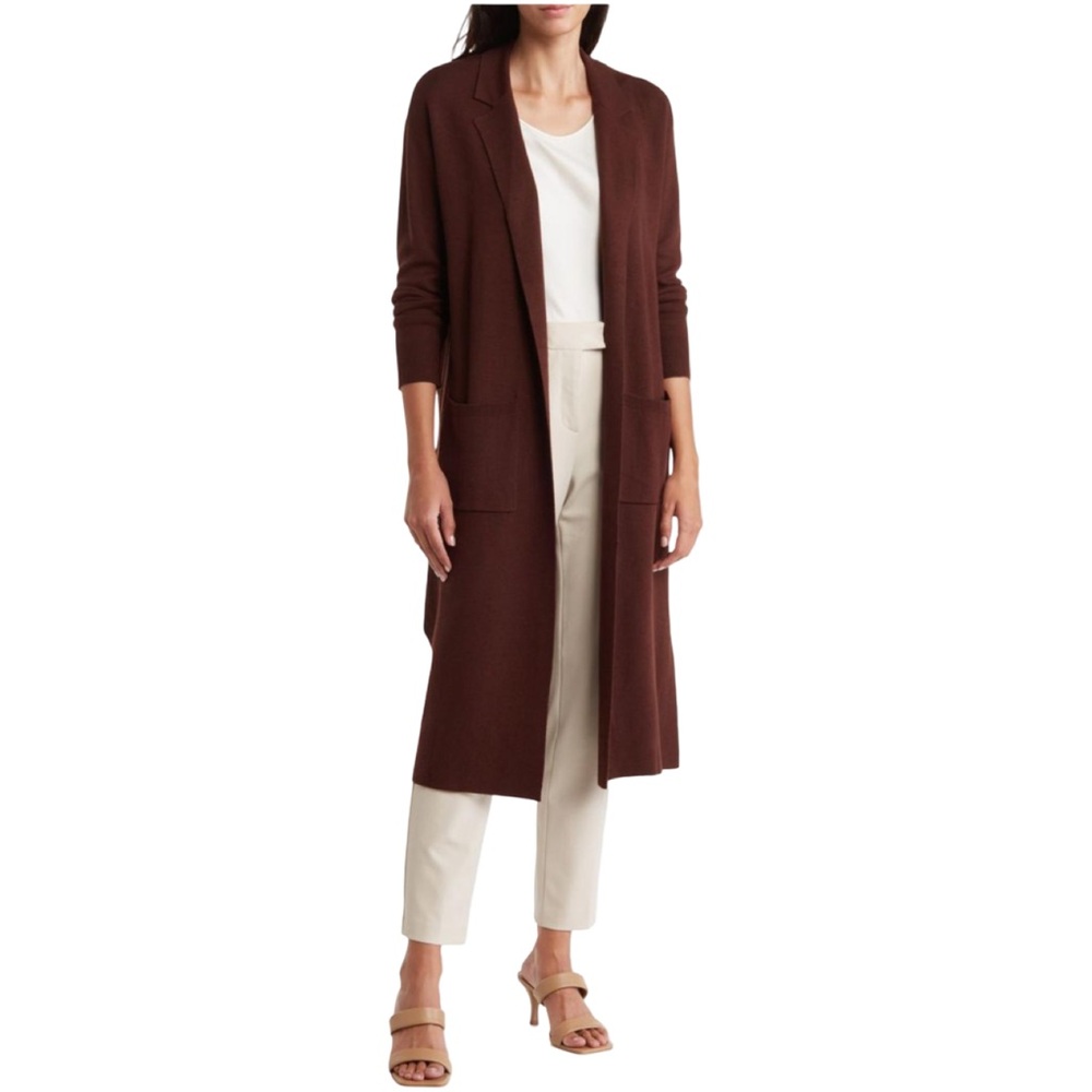 Rachel Roy Women’s Luxe Brown Notched Collar Open Front Long Cardigan Medium EUC